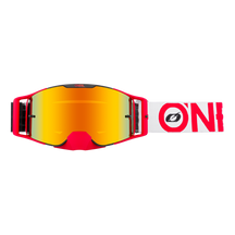 The O'NEAL B-30 BOLD goggles feature a wide, orange-tinted lens and a thick white strap with a bold red "O'NEAL" logo, available in black/red - radium red.