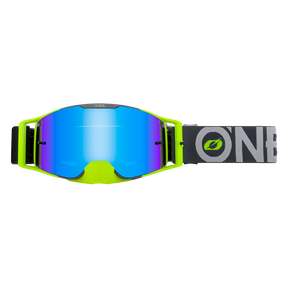 Pictured is the O'NEAL B-30 Goggles BOLD in gray, neon yellow and radium blue with reflective lenses. "ONE" is written on the strap. Their slim design makes them ideal for sports and outdoor activities.