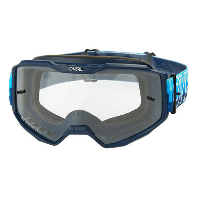 Die O'NEAL B-10 Goggle STRIPED verfügt über ein klares Glas, einen blauen Rahmen und ein verstellbares blaues Band mit dem O'NEAL-Logo und bietet Schutz für die Augen bei Fahrten im Gelände.