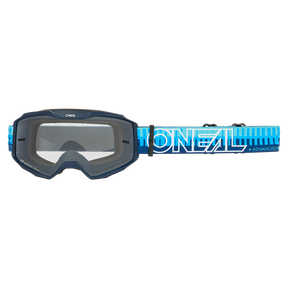 Die O'NEAL B-10 Goggle STRIPED hat ein blau-schwarzes Design, klare Gläser und ein verstellbares blaues Band mit weißem O'NEAL-Logo - ideal für Motocross oder Dirtbiking.