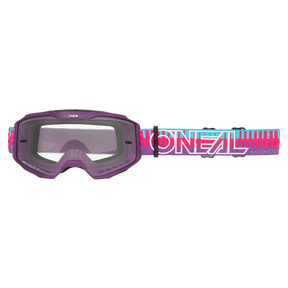 Die O'NEAL B-10 Goggle STRIPED hat einen lilafarbenen Rahmen, klare Gläser, ein verstellbares Band mit blauen und rosa Akzenten und das O'NEAL-Logo in Weiß.