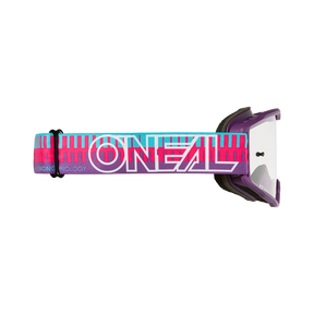 Die O'NEAL B-10 Goggle STRIPED verfügt über ein lila, rosa und türkisfarbenes, verstellbares Band mit dem O'NEAL-Logo in Weiß auf dem Band.