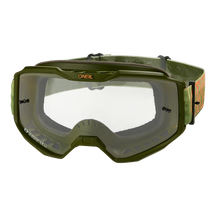 Die O'NEAL B-10 Goggle STRIPED ist eine grüne Motocrossbrille mit klaren Gläsern und verstellbarem Band.