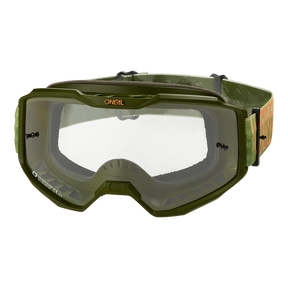 Die O'NEAL B-10 Goggle STRIPED ist eine grüne Motocrossbrille mit klaren Gläsern und verstellbarem Band.