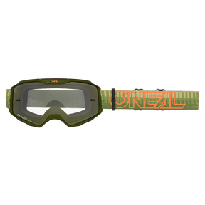 Die O'NEAL B-10 Goggle STRIPED hat einen grünen Rahmen, klare Gläser und ein gemustertes, verstellbares Band mit dem O'NEAL-Logo in orangefarbener Schrift an den Seiten.