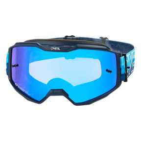 Die O'NEAL B-10 Goggle STRIPED verfügt über ein blau getöntes, breit reflektierendes Glas, ein verstellbares blaues Band und den Schriftzug "O'NEAL" oben auf dem Rahmen und quer über das Band.
