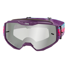 Die O'NEAL B-10 Goggle STRIPED hat ein lila-schwarzes Design, verspiegelte Gläser, ein verstellbares Band und sportliche, farbige Textakzente.