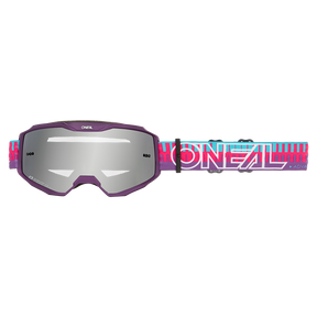 Die O'NEAL B-10 Goggle STRIPED verfügt über reflektierende Gläser, einen lila-silbernen Rahmen und ein farbenfrohes Band in Rosa, Blau und Weiß mit dem O'NEAL-Logo.