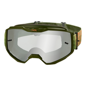 Die O'NEAL B-10 Goggle STRIPED hat ein breites, klares Glas und einen verstellbaren Riemen, ideal für Dirt Biking oder Motocross, hier auf weißem Hintergrund.