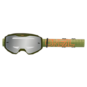 Die O'NEAL B-10 Goggle STRIPED hat einen olivgrünen Rahmen, eine breite, reflektierende Scheibe und ein verstellbares Band mit dem "O'NEAL"-Logo in Orange und Gelb.