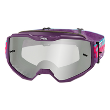 O'NEAL B-10 Youth Goggle STRIPED in Lila und Silber, mit reflektierenden Gläsern und buntem, verstellbarem Band. Ansicht von vorne.