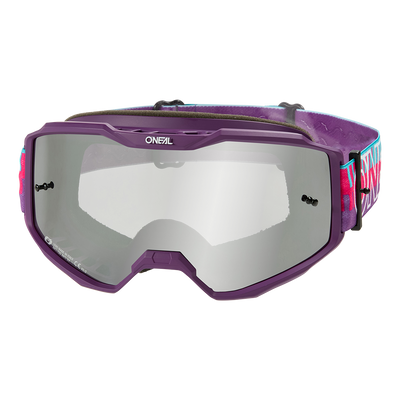 O'NEAL B-10 Youth Goggle STRIPED in Lila und Silber, mit reflektierenden Gläsern und buntem, verstellbarem Band. Ansicht von vorne.