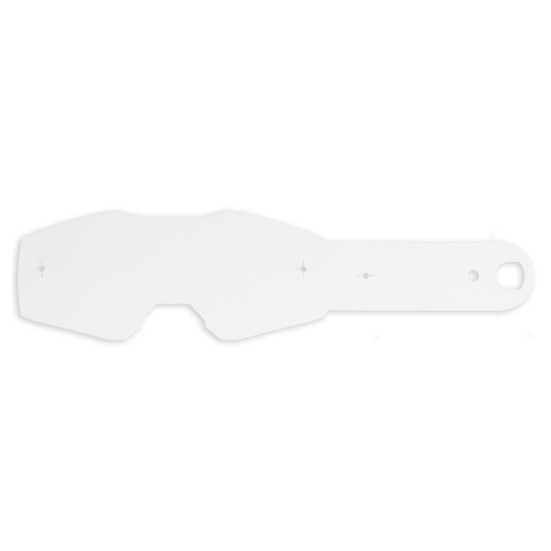 Eine durchsichtige, unregelmäßig geformte Plastikfolie mit einer abgerundeten Lasche und einem Loch, die der O'NEAL B-10 Youth Goggle TEAR OFF PACK von O'NEAL ähnelt und auf einem schlichten weißen Hintergrund dargestellt ist.