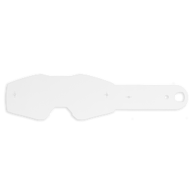 Un foglio di plastica trasparente di forma irregolare con un'aletta arrotondata e un foro, simile all'O'NEAL B-10 Bambini Goggle TEAR OFF PACK di O'NEAL, su sfondo bianco.