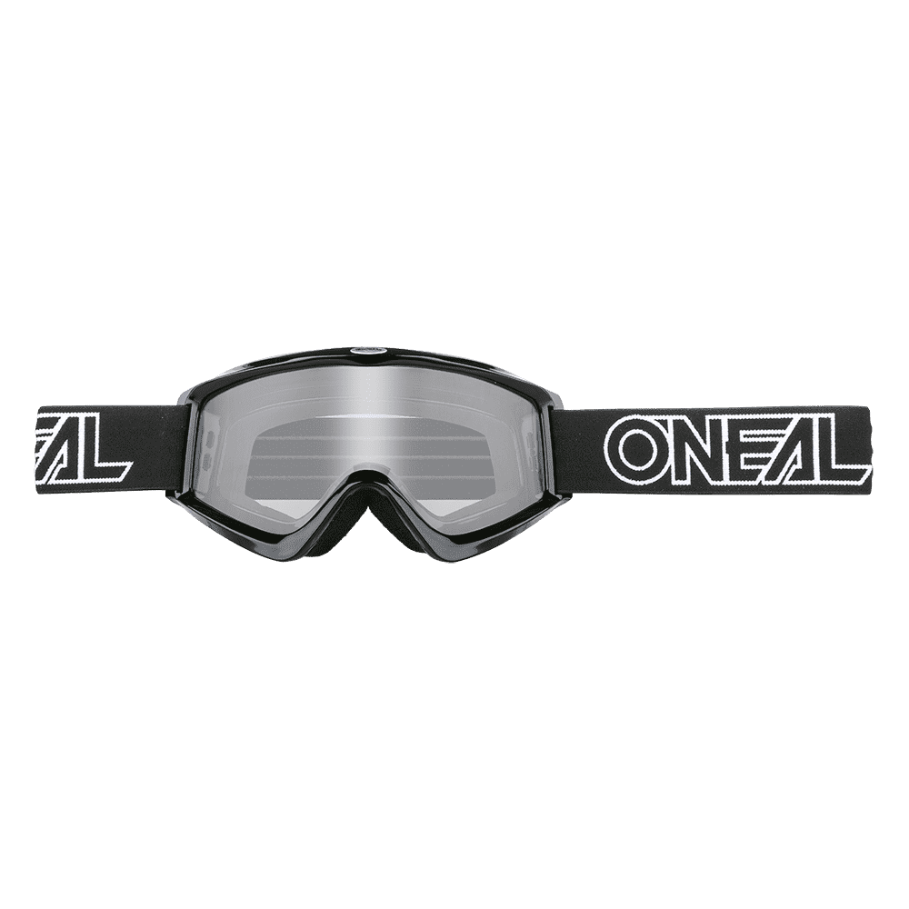 Las gafas de motocross O'NEAL Vault Solid tienen una lente ancha y transparente y una correa negra ajustable con el logotipo blanco de O'NEAL, ideal para cualquier equipo de deportes de motor.