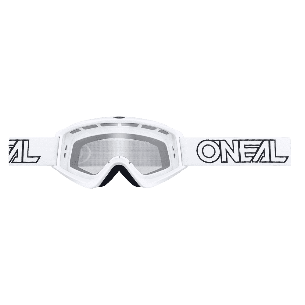 Las gafas O'NEAL Vault Solid tienen una lente transparente, una correa blanca ajustable con el logotipo "O'NEAL" en negro y son un equipamiento esencial para los deportes de motor. Se muestra sobre fondo transparente.
