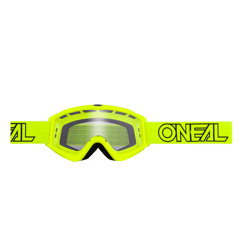 Las gafas O'NEAL Vault Solid son unas gafas de motocross de color amarillo brillante con lentes transparentes, aberturas de ventilación negras y una correa amarilla a juego con el llamativo logotipo negro "O'NEAL", ideales para mejorar tu equipamiento de competición.