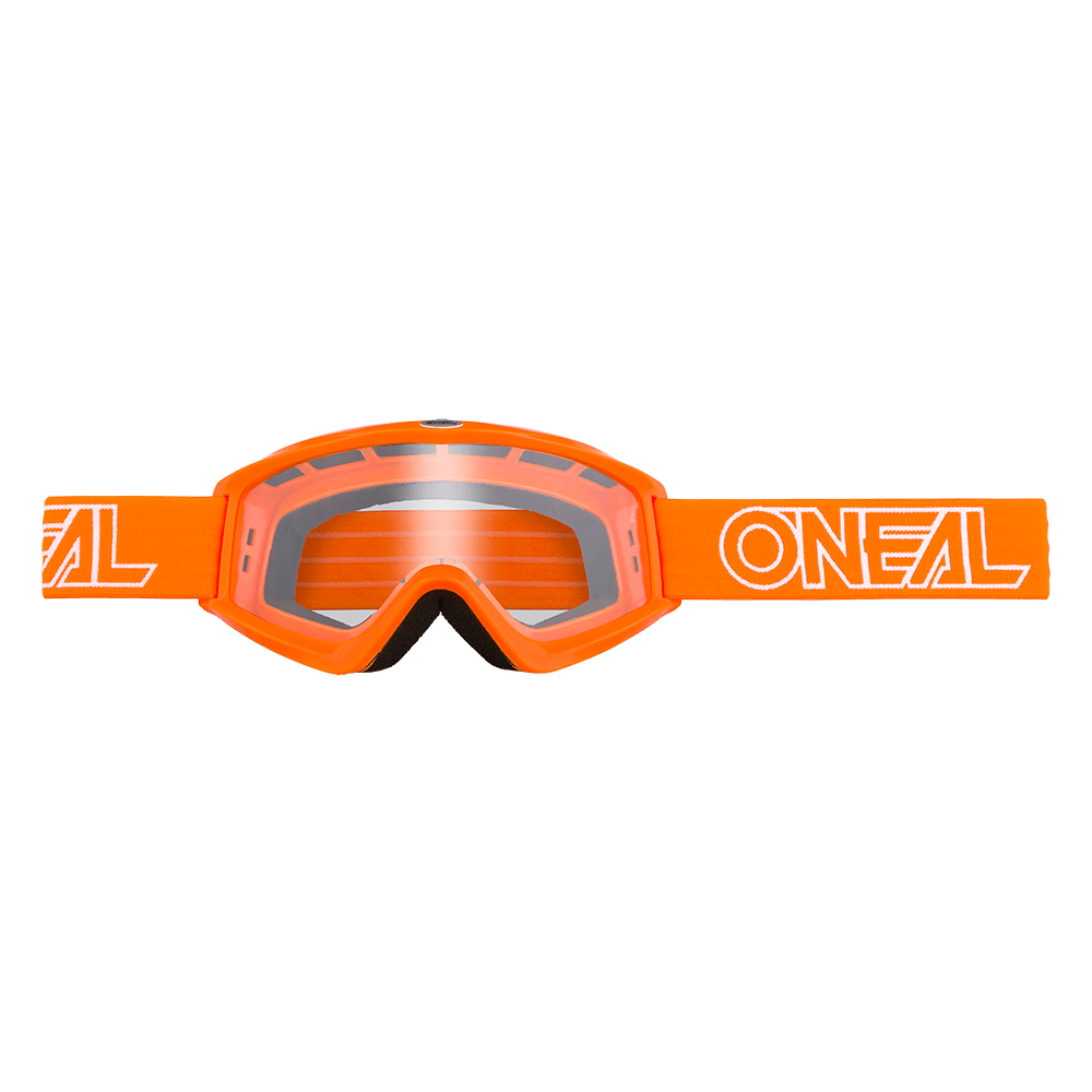 Las gafas de motocross O'NEAL Vault Solid tienen una lente transparente y una correa ancha de color naranja con el logotipo O'NEAL en blanco, ideal para cualquier equipo de deporte del motor. Se muestra sobre un fondo monocolor.