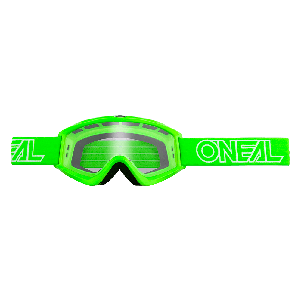 Las gafas de motocross O'NEAL Vault Solid tienen una montura verde brillante, lentes transparentes y una correa verde a juego con el logotipo O'NEAL blanco sobre fondo negro: ideales para cualquier colección de deportes de motor.