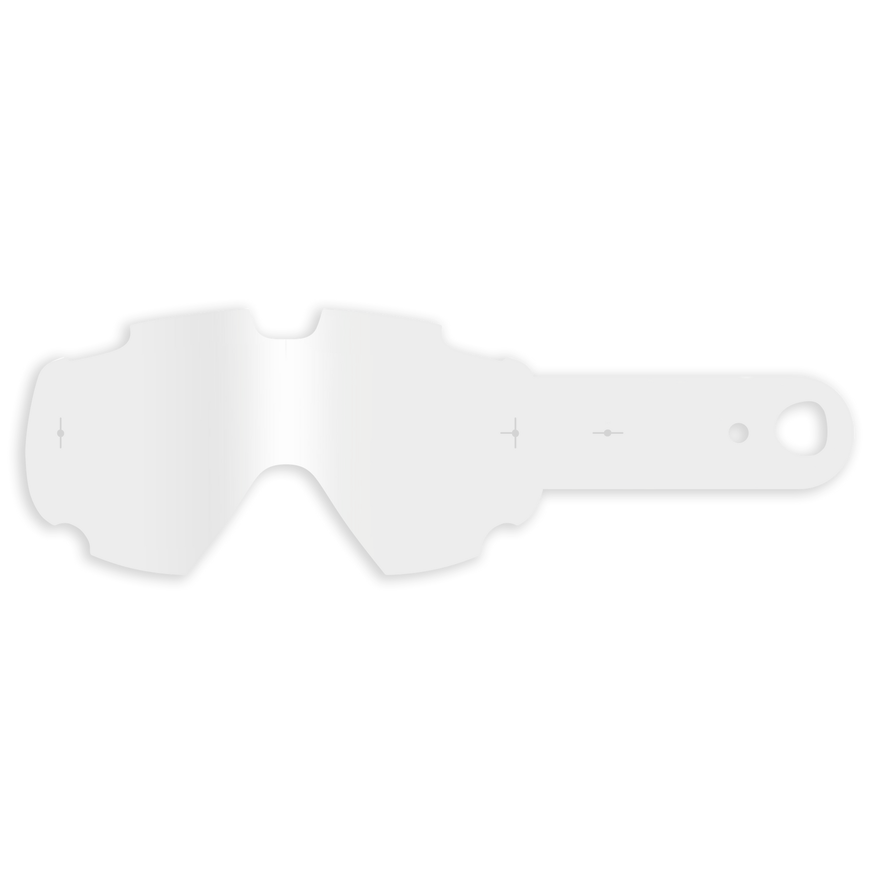 Die O'NEAL B-30 Youth Goggle - Tear Off Pack, eine transparente Abreißbrille mit einer Lasche und einem Loch auf der rechten Seite, wird vor einem schlichten schwarzen Hintergrund dargestellt.