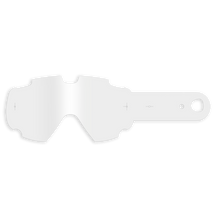 Die O'NEAL B-30 Youth Goggle - Tear Off Pack, eine transparente Abreißbrille mit einer Lasche und einem Loch auf der rechten Seite, wird vor einem schlichten schwarzen Hintergrund dargestellt.