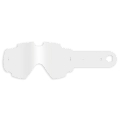 Die O'NEAL B-30 Youth Goggle - Tear Off Pack, eine transparente Abreißbrille mit einer Lasche und einem Loch auf der rechten Seite, wird vor einem schlichten schwarzen Hintergrund dargestellt.