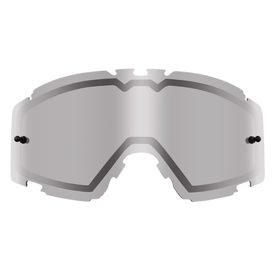 Die O'NEAL B-30 Goggle - Spare Double Lens ist eine silbern getönte, reflektierende Ersatzscheibe von O'NEAL mit gebogenen Rändern und zwei seitlichen Befestigungspunkten.