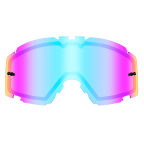 Diese O'NEAL B-30-Brille verfügt über eine futuristische, verspiegelte Linse mit einem Farbverlauf, der von Blau nach Rosa übergeht. Ihr schlankes, kantiges Design wird durch zwei dunkle Schrauben auf beiden Seiten betont, was ihr modernes Erscheinungsbild unterstreicht.