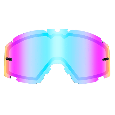 Diese O'NEAL B-30-Brille verfügt über eine futuristische, verspiegelte Linse mit einem Farbverlauf, der von Blau nach Rosa übergeht. Ihr schlankes, kantiges Design wird durch zwei dunkle Schrauben auf beiden Seiten betont, was ihr modernes Erscheinungsbild unterstreicht.