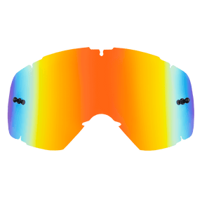 Die O'NEAL B-30 Youth Goggle - Spare Lens von O'NEAL zeichnet sich durch ein einzigartiges, reflektierendes, mehrfarbiges Design aus, das sich perfekt für Sport oder Outdoor-Aktivitäten eignet. Diese Linse zeigt einen atemberaubenden Farbverlauf, der von Blau an den Rändern zu Orange und Gelb in der Mitte übergeht, ergänzt durch schwarze Befestigungspunkte auf beiden Seiten.