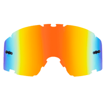 Die O'NEAL B-30 Goggle - Ersatzlinse von O'NEAL ist eine große, rahmenlose Linse mit einem auffälligen Farbverlauf von Blau an den Seiten zu Orange und Gelb in der Mitte. Diese Linse ist mit mehreren Aussparungen für Belüftung und Befestigungspunkte ausgestattet und weist ein schlankes Design mit verspiegelter Oberfläche auf.