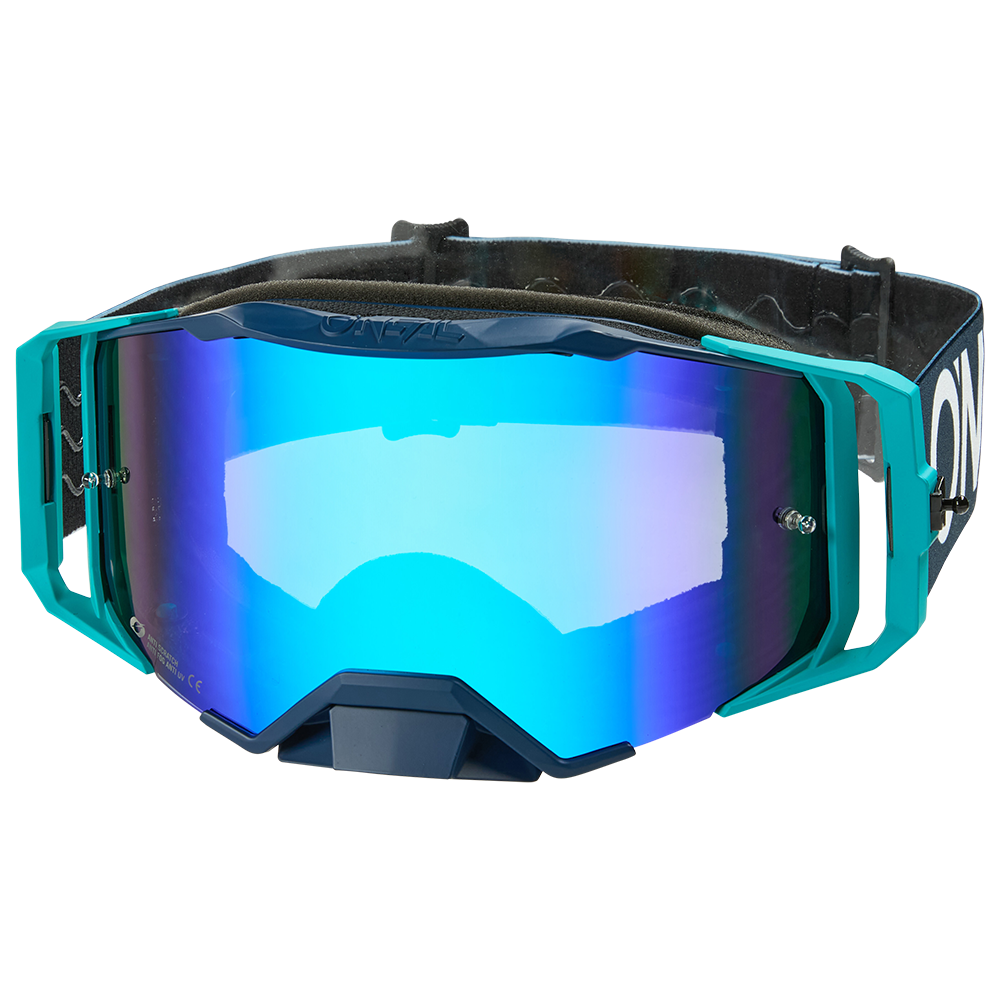 O'NEAL B-33 Goggle HEXA von O'NEAL mit blauem und blaugrünem Rahmen, verspiegelten Gläsern und verstellbarem schwarzem Band.