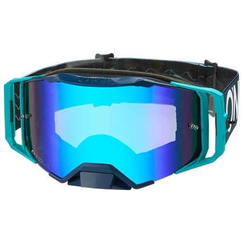 O'NEAL B-33 Goggle HEXA von O'NEAL mit blauem und blaugrünem Rahmen, verspiegelten Gläsern und verstellbarem schwarzem Band.