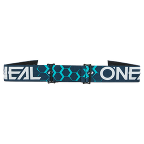 Die O'NEAL B-33 Goggle HEXA verfügt über ein elastisches Band mit einem blauen, sechseckigen Muster in der Mitte, weißem O'NEAL"-Schriftzug auf jeder Seite und schwarzen Einstellschiebern.