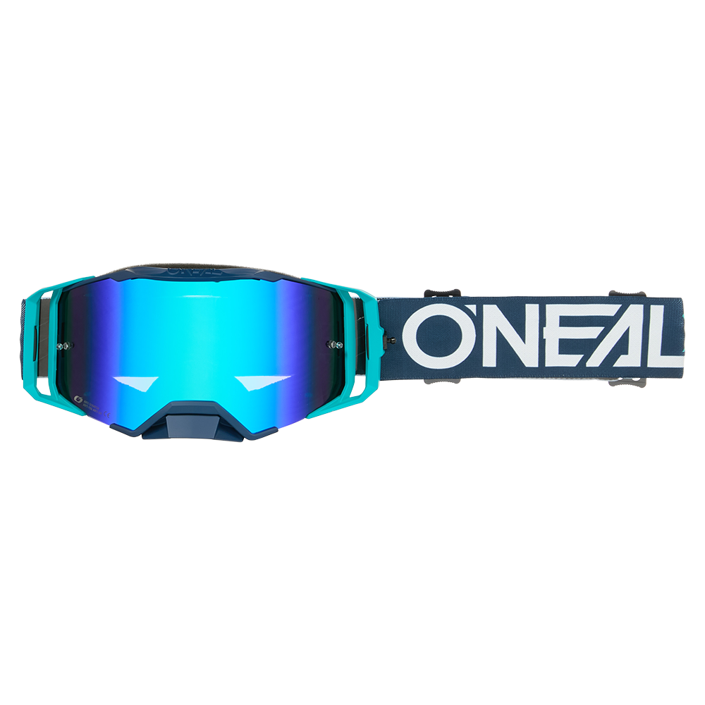 Die O'NEAL B-33 Goggle HEXA hat blau getönte, reflektierende Gläser und ein verstellbares, marineblaues Band mit einem auffälligen weißen O'NEAL-Logo.