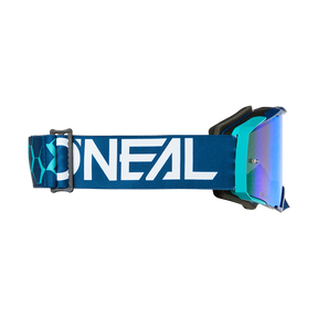 Die O'NEAL B-33 Goggle HEXA hat einen blauen und blaugrünen Rahmen, ein reflektierendes Glas und ein verstellbares Band mit weißem "O'NEAL"-Schriftzug und sechseckigen Details an der Schnalle.