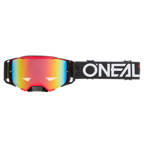 Die O'NEAL B-33 Goggle HEXA hat einen rot-schwarzen Rahmen, reflektierende Regenbogengläser und ein schwarzes Band mit weißem O'NEAL-Logo.