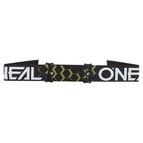 Die O'NEAL B-33 Goggle HEXA verfügt über ein schwarzes und olivgrünes elastisches Band mit einem zentralen Wabenmuster und einem auffälligen weißen "O'NEAL"-Branding auf beiden Seiten.