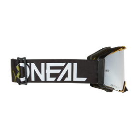 O'NEAL B-33 Goggle HEXA: Schwarz-weiße Motocross-Brille mit reflektierenden Gläsern und verstellbarem Riemen, mit auffälligem weißen O'NEAL-Branding.