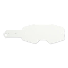 Un film O'NEAL B-22/33 Goggle Tear Off, blanc et de forme irrégulière avec une languette et un trou à une extrémité, repose à plat sur un fond uni. Le film plastique présente de petits marquages en croix et des bords anguleux.