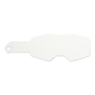 Eine O'NEAL B-22/33 Goggle Tear Off Folie, weiß und unregelmäßig geformt mit einer Lasche und einem Loch an einem Ende, liegt flach auf einem einfarbigen Hintergrund. Die Plastikfolie weist kleine Kreuzmarkierungen und eckige Kanten auf.