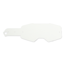 Ein weißer, unregelmäßig geformter O'NEAL B-55 Goggle Tear Off mit einer rechteckigen Lasche und einem kreisförmigen Loch auf der linken Seite ist vor einem schlichten hellen Hintergrund abgebildet.