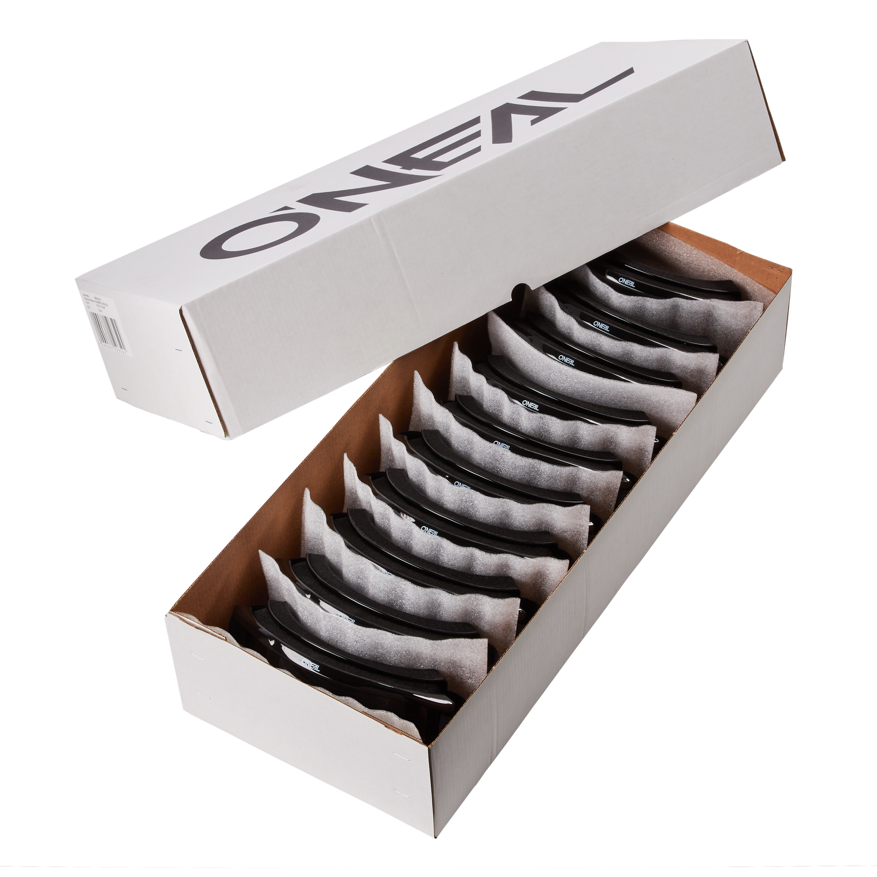 Öffnen Sie eine weiße Box mit der Marke „O'NEAL“, die zehn sauber unterteilte Paare O'NEAL B-ZERO Goggle in Schwarz/Klar enthält, ideal für Motocross- und Mountainbike-Fans.