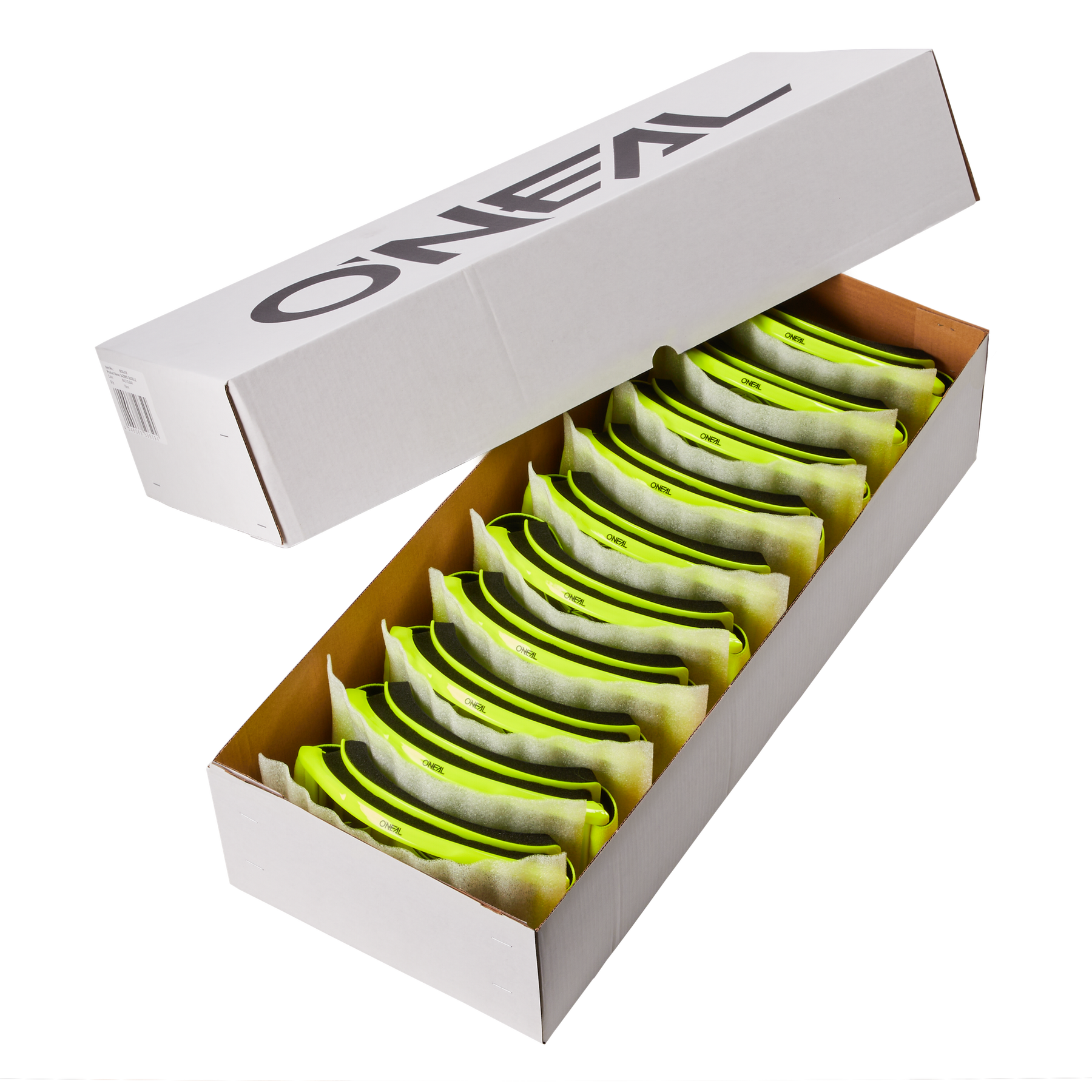 Öffnen Sie die weiße „O'Neal“-Box und finden Sie darin ordentlich angeordnete O'NEAL B-ZERO Goggle-Einsätze in Neongelb.