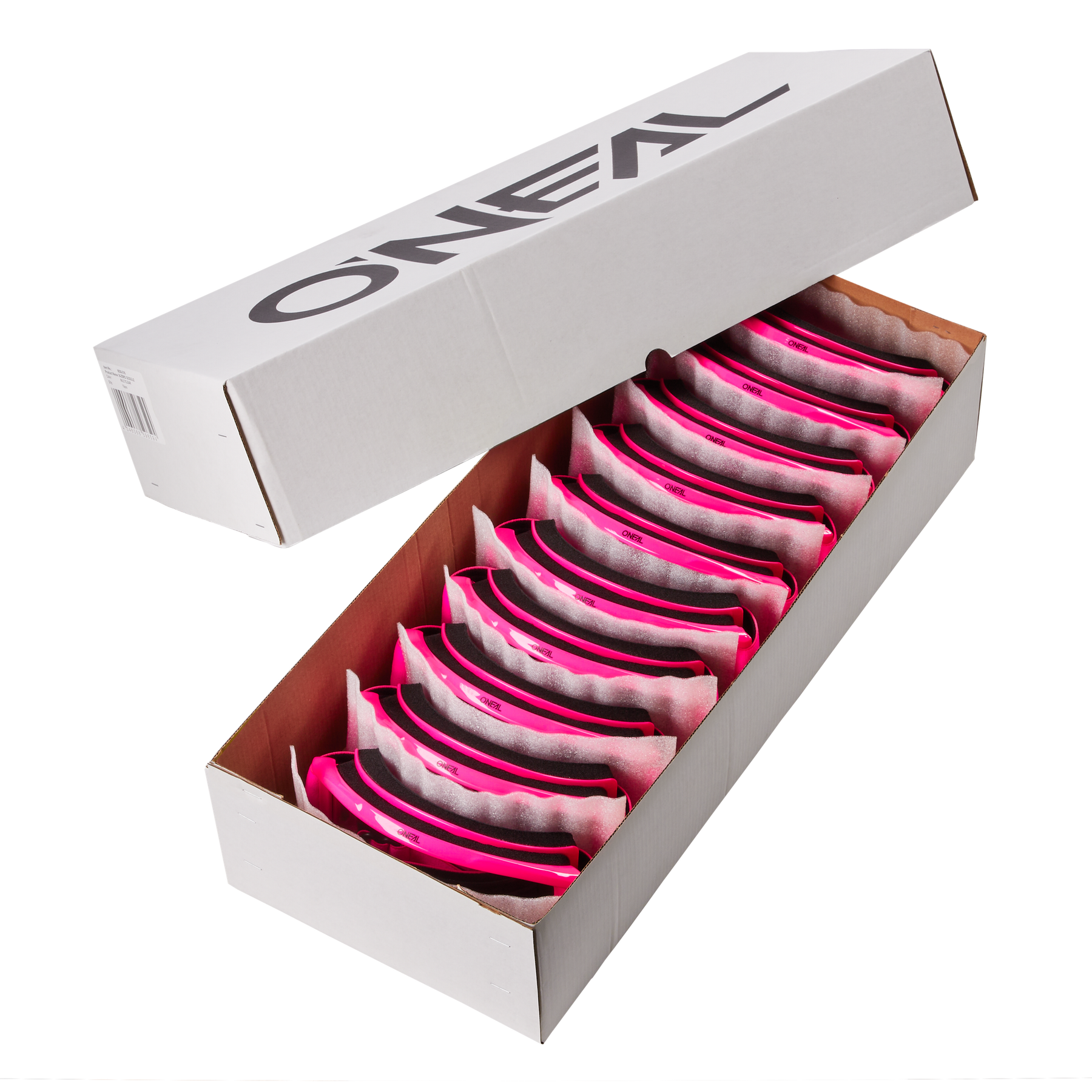 Öffne die weiße Box mit der O'NEAL B-ZERO Goggle (10 Stück). Darin findest du pink/klare Schutzbrillen, ordentlich angeordnet und durch Schutzmaterial getrennt. Der Deckel ist teilweise geöffnet und zeigt stolz das O'NEAL-Logo.
