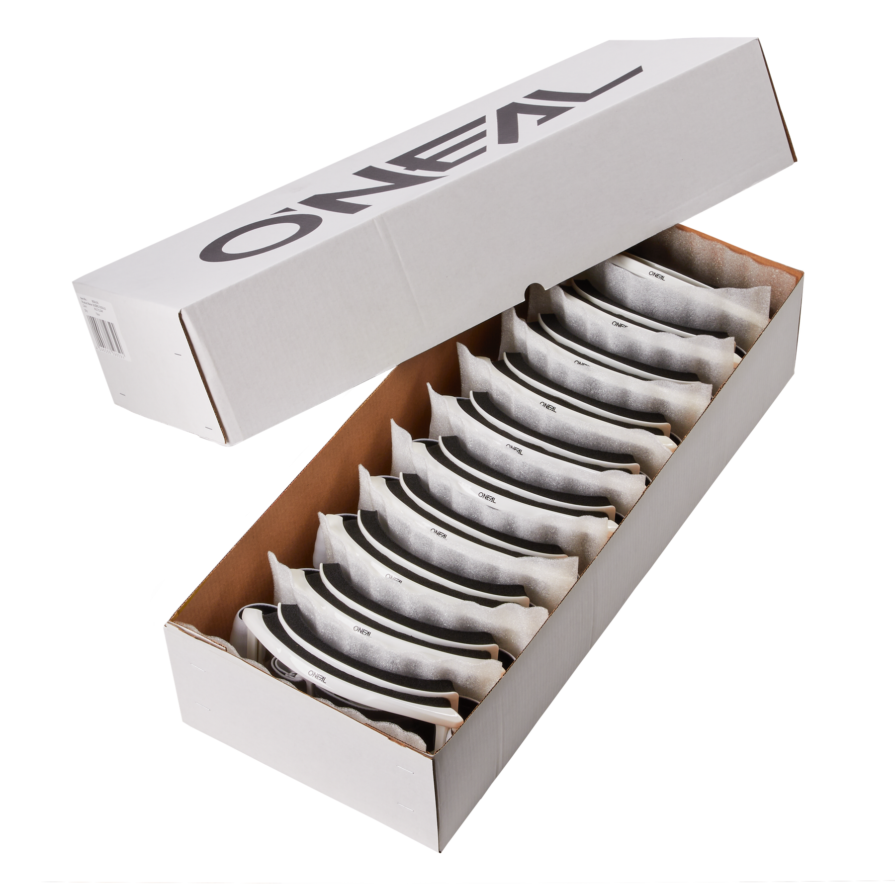 Eine längliche weiße Box mit der Aufschrift „O'NEAL“ enthält 10 ordentlich gestapelte O'NEAL B-ZERO Goggles in Weiß/Klar – perfekt für Motocross-Fahrer, die eine zuverlässige Motocross-Brille suchen. Jedes Paar ist einzeln in weißes Papier verpackt; neun davon sind sichtbar, wenn die Box geöffnet ist.