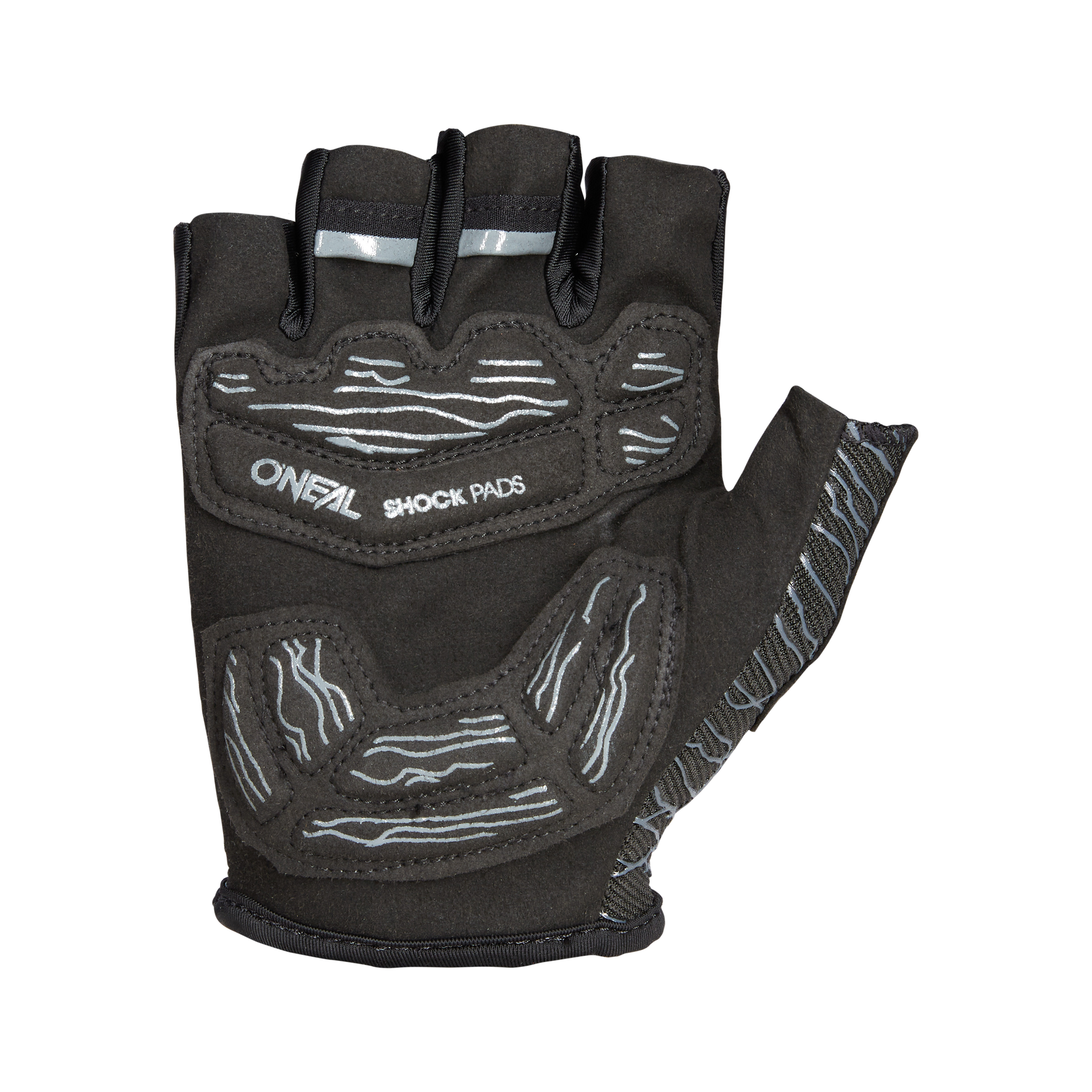 Ein schwarzer, fingerloser Fahrradhandschuh mit grauen Akzenten und der Aufschrift „O'NEAL DROP Fingerless Handschuh“. Der Handschuh verfügt über eine Schutzpolsterung an Handfläche und Fingern sowie einen strukturierten Griff an der Seite des Daumens.