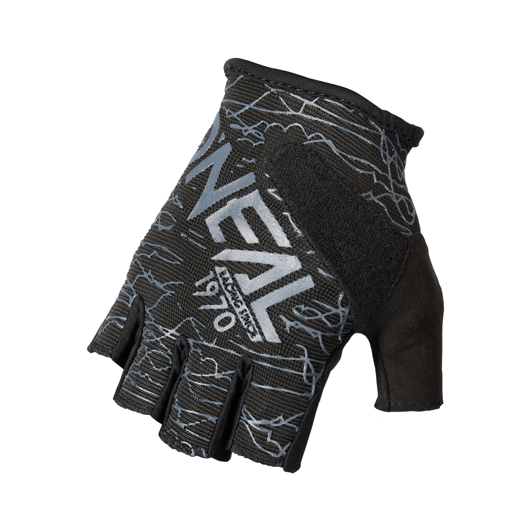 Der O'NEAL DROP Fingerless Handschuh ist ein schwarzer Handschuh, der mit abstrakten Mustern in Blau und Weiß verziert ist und in der Mitte das auffällige „O'NEAL“-Branding trägt. Er ist mit einer Polsterung für zusätzlichen Komfort ausgestattet und verfügt über einen Klettverschluss, um ihn am Handgelenk zu befestigen.