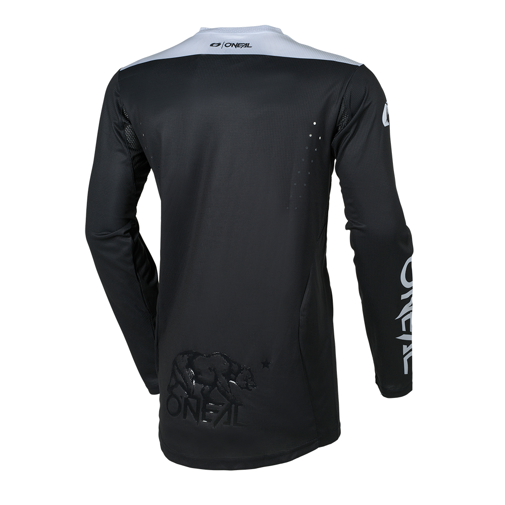 Rückansicht des O'NEAL HARDWEAR Jersey ELITE in Schwarz mit weißem Kragen, O'NEAL-Branding auf dem Rücken und den Ärmeln sowie einer Bärengrafik im unteren Rückenbereich.