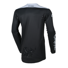 Rückansicht des O'NEAL HARDWEAR Jersey ELITE in Schwarz mit weißem Kragen, O'NEAL-Branding auf dem Rücken und den Ärmeln sowie einer Bärengrafik im unteren Rückenbereich.